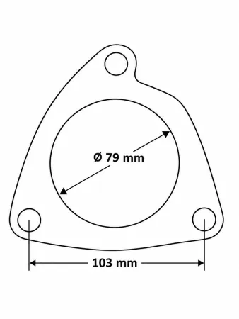Dessin technique d'un joint triangulaire à 3 trous destiné aux systèmes d'échappement. Le joint comporte trois trous de fixation extérieurs et une ouverture centrale d'un diamètre de 79 mm. L'écartement entre les trous de fixation est de 103 mm.