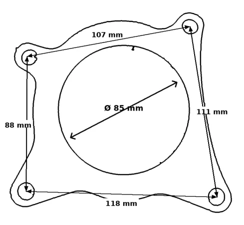 Schéma d'un joint pour tuyau de descente 2.0 TFSI avec ouverture ronde (85 mm). Quatre coins arrondis avec trous de fixation. Entraxes des trous : en haut 107 mm, à droite 111 mm, en bas 118 mm, à gauche 88 mm.