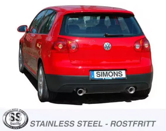 Vue arrière d'une VW Golf V GTI rouge avec système d'échappement sport duplex en acier inoxydable L+R. Sorties 1x100 mm chacune, centrées sous le pare-chocs. Plaque d'immatriculation avec "SIMONS". Au premier plan, logo "Stainless Steel".