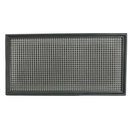 Cartouche de filtre à air RamAir Sport rectangulaire, cadre caoutchouc noir et grille inox argentée. À l'arrière, mousse double couche sans huile pour débit et filtration optimaux. Remplacement OEM: Golf 4, Audi A3/TT/S3, Seat Leon.