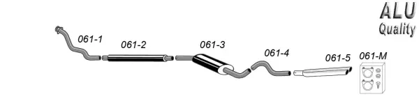 Esquisse d'un échappement sport Simons pour SAAB 900 Turbo, avec segments de tubes, silencieux et 2 embouts (2x 57 mm). Le système est divisé en cinq parties numérotées. Une boîte d'accessoires de montage est aussi représentée.