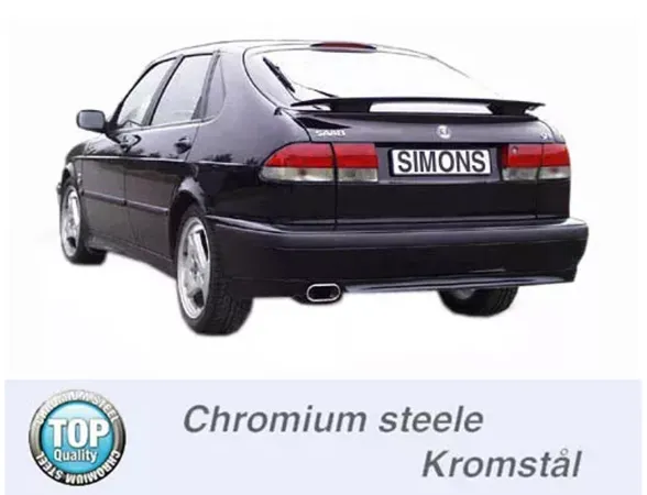 Vue arrière d'une SAAB 9-3 Coupé noire avec Simons Système d'échappement sport. Tube final angulaire (70x140 mm) bien visible. Sous le véhicule, on peut lire "Chromium steele Kromstål". A gauche, le logo "TOP Quality".