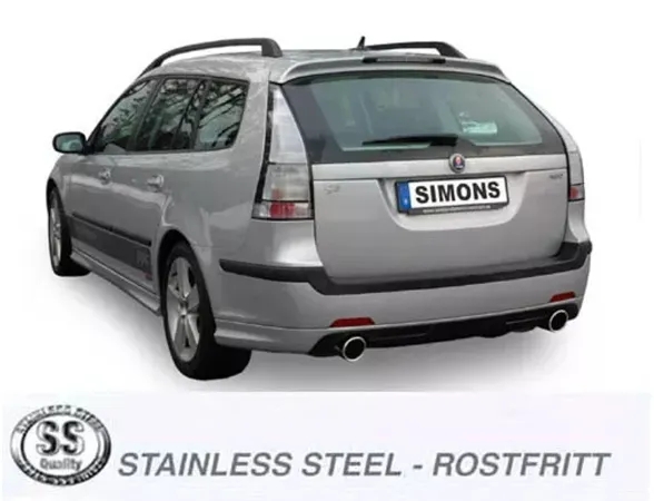 Vue arrière d'une SAAB 9-3 SportCombi argentée avec échappement sport Duplex Simons. Plaque « Simons ». Deux sorties d'échappement rondes visibles. En bas : « Stainless Steel - Rostfritt » et logo « SS Quality ».