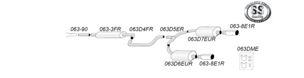 Schéma du système d'échappement sport duplex en inox Simons pour SAAB 9-3 Turbo (réservoir 61 L). Le dessin montre tubes, silencieux et embouts, numérotés et reliés. Logo Simons en haut à droite.