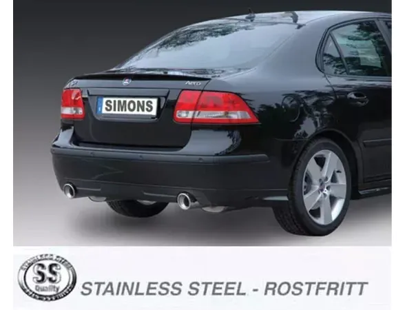 Vue arrière d'une SAAB 9-3 noire avec le système d'échappement sport duplex Simons monté. Les sorties, carrées et en acier inoxydable, sont bien visibles. La plaque d'immatriculation de la voiture porte le nom de "SIMONS".
