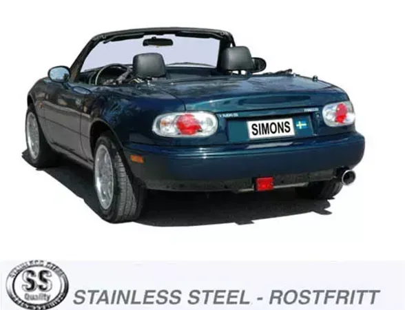 Vue arrière d'un cabriolet Mazda MX-5 bleu avec Simons Échappement sport en acier inoxydable (sortie de 100 mm). Plaque d'immatriculation avec "SIMONS" et drapeau suédois. Logo en bas "Stainless Steel - Rostfritt".