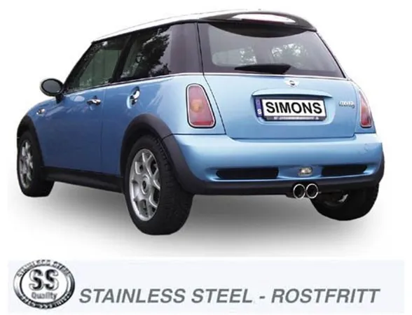Vue arrière d'une Mini Cooper S R53 bleue avec pot d'échappement sport Simons. Pot en acier inoxydable à deux sorties rondes de 80 mm, centré sous le pare-chocs. Plaque "SIMONS".
