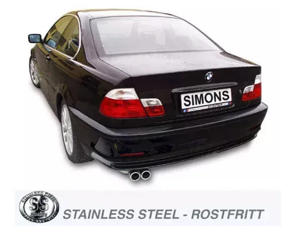 Vue arrière d'une BMW E46 noire. Plaque "SIMONS" avec deux sorties d'échappement rondes en acier inoxydable argenté du système sport. En bas à gauche, logo rond "Stainless Steel Quality". A droite : "STAINLESS STEEL - ROSTFRITT".