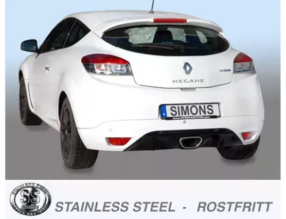Vue arrière d'une Renault Mégane III RS blanche. Plaque "SIMONS". En dessous, un seul embout d'échappement sport ovale en inox. Sous la voiture : "STAINLESS STEEL - ROSTFRITT".