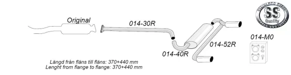 Dessin technique d'un Simons Echappement sport inox duplex pour Mazda MX-5. L'illustration montre le système d'échappement en détail, y compris le diamètre du tube et la configuration de la sortie (100mm + 100mm).