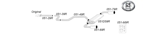 Représentation schématique d'un système d'échappement sport duplex en acier inoxydable Simons pour la Mazda 3 MPS MK2, composé de tubes, d'un silencieux et de deux embouts de 114 mm de diamètre. Les différents éléments sont étiquetés.