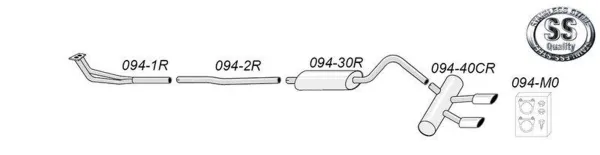 Schéma d’un échappement sport duplex Simons pour Opel GT 1900 avec tuyaux, silencieux et tube final. Système en acier inoxydable, avec matériel de montage. Logo qualité inox inclus.