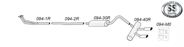 L'illustration montre un système d'échappement sport duplex en acier inoxydable de Simons pour l'Opel GT 1900 avec tubes, silencieux, deux embouts et matériel de montage. Les pièces sont numérotées, le logo Simons se trouve en haut.