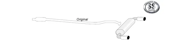 Un dessin au trait du système d'échappement sport Simons pour la Mazda MX-5. Le système se compose d'un long tube qui se ramifie en un silencieux avec deux embouts de 90 mm. Le logo "Stainless Steel Quality" est représenté.