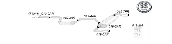 Représentation schématique d'un système d'échappement sport en acier inoxydable Simons pour la Ford Focus ST, composé de tubes, d'un silencieux et de tuyaux de sortie. Un kit de montage est également représenté. Les pièces sont numérotées.