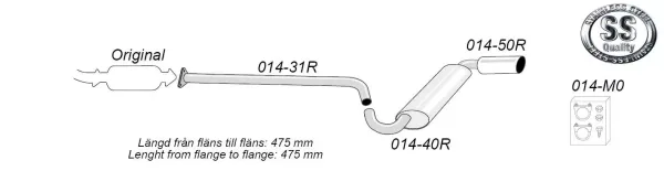 Schéma Simons Echappement sport pour Mazda MX-5 (Miata) dès 1996. L'image montre le guidage des tubes, le silencieux final avec numéros d'article et une longueur de bride à bride de 475 mm. Accessoires et logo inox inclus.