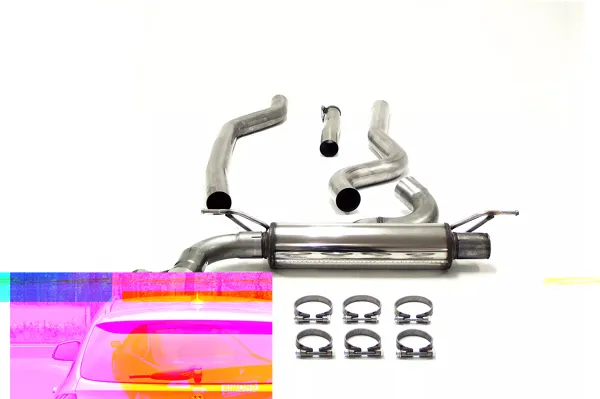 Système d'échappement sport Simons pour BMW F30. En acier inoxydable, avec tuyaux et silencieux. Six colliers métalliques au premier plan. En bas de l'image, on voit une partie d'un véhicule.