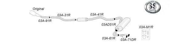 Schéma du système d'échappement sport Simons pour BMW F30 320i/328i. L'illustration montre le cheminement des tubes jusqu'aux sorties, avec composants comme amortisseurs et raccords. Références notées.