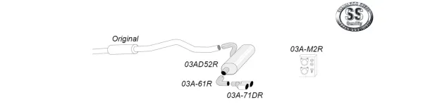 Esquisse d'un échappement sport en acier inoxydable Simons pour BMW F30 320i/330i avec double sortie (2x 80 mm). Sont représentés les tubes, un silencieux, les positions des fixations et les numéros d'article.