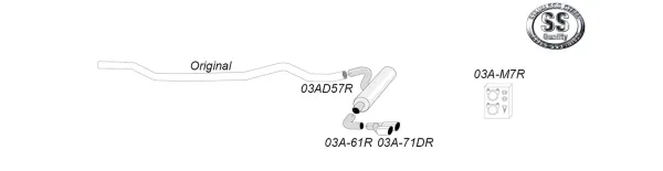Esquisse d'un système d'échappement sport en acier inoxydable Simons avec deux tuyaux de sortie. Le système est représenté de côté, y compris les éléments de montage. Le logo du fabricant Simons Edelstahl est également visible.