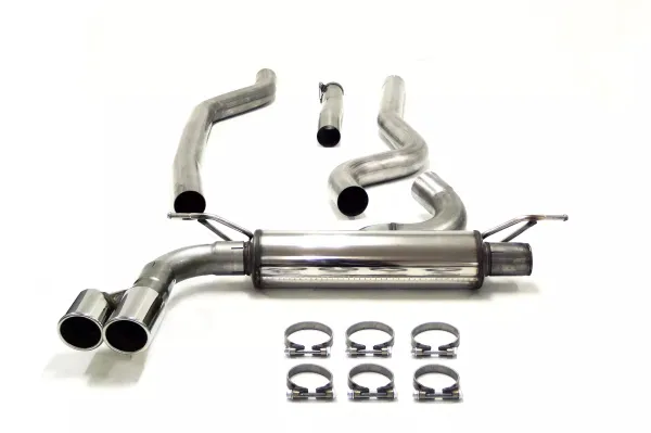 Sur fond blanc, un échappement sport Simons en inox : divers tubes coudés, un silencieux à deux embouts (2x80mm) et six colliers de serrage. Les pièces sont triées et placées côte à côte.