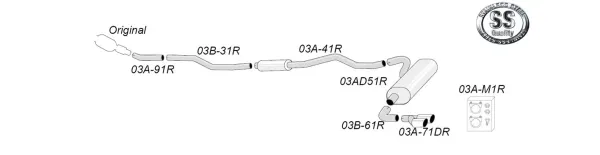 Schéma d'un échappement sport inox Simons pour BMW F34 GT 320i. Le diagramme montre le cheminement des tuyaux et les composants, avec sorties, accessoires et matériel de montage.
