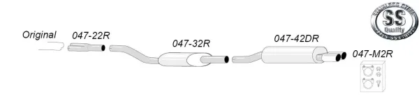 Esquisse d'un système d'échappement sport en inox Simons pour Audi S4 Quattro C4 2.2 Turbo / 4.2 V8. Système avec plusieurs tubes et deux silencieux. Tube final duplex 2x70mm. Symbole «SS Stainless Steel Quality».