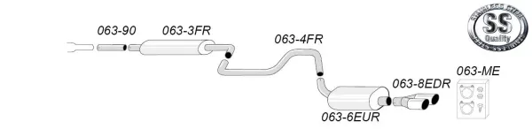 Esquisse d’un échappement sport Simons pour SAAB 9-3 Turbo avec réservoir 61 L. Système composé de plusieurs tubes et de deux silencieux finaux à sorties carrées 2x80 mm. Accessoires : montage et colliers inclus.