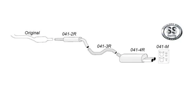 L'image montre une représentation schématique d'un échappement sport en acier inoxydable Simons pour l'Audi A3 (8L), composé de plusieurs pièces, dont le tuyau de sortie et le matériel de montage. Logo « SS Stainless Steel Quality ».