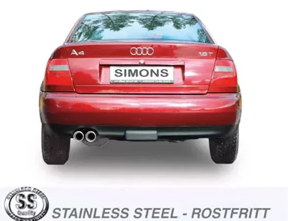 Audi A4 rouge, vue arrière. Deux sorties d'échappement rondes et argentées centrées sous le pare-chocs. Plaque d'immatriculation avec l'inscription "SIMONS". Logos pour l'acier inoxydable et l'absence de rouille dans la partie inférieure de l'image.