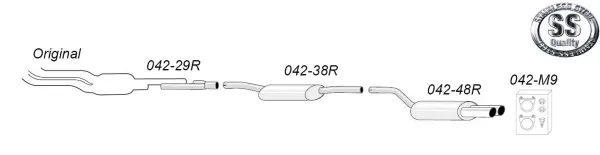 Schéma d'un échappement sport Simons en acier inoxydable pour Audi A4 (B5). Construit de gauche à droite: tubes, silencieux à absorption et sorties. Accessoires et logo de qualité inox inclus.