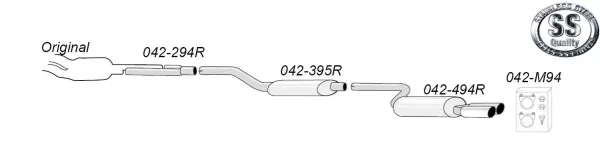 Esquisse d’un échappement sport Simons en inox. Le système comprend plusieurs tubes et silencieux numérotés. En haut à droite, logo « SS Stainless Steel Quality ». En bas à droite, le matériel de montage est montré.