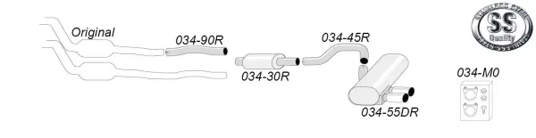 Une représentation schématique d'un système d'échappement sport en acier inoxydable Simons pour la BMW E90. Le dessin montre les tubes, le silencieux et les accessoires de montage. Le logo Simons et les numéros de pièces sont également visibles.