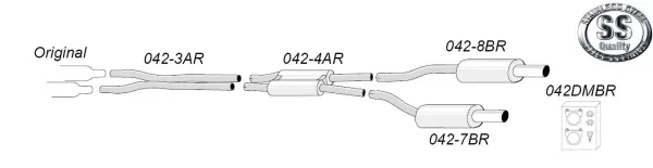 Esquisse d'un échappement sport duplex Simons inox pour Audi A6 (C5) Quattro. Le système comprend tubes, raccords et deux silencieux finaux. Les éléments sont numérotés, matériel de montage inclus.