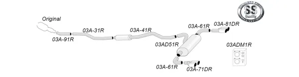 Aperçu Simons : système d'échappement sport pour BMW F30. La photo montre le système duplex complet en acier inoxydable avec deux sorties, les tuyaux, silencieux, matériel de montage et la disposition du système.