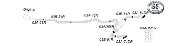 Schéma d'un système d'échappement sport en acier inoxydable Simons Duplex, composé de tubes et d'un silencieux. Les tubes de sortie sont duplex avec 2x 80mm de diamètre. Le système est adapté à une BMW F34 GT 318D, 320D.