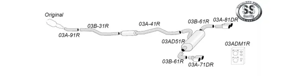 Schéma d'un système d'échappement sport duplex en acier inoxydable Simons pour la BMW F34 GT 320i, composé de tubes, de raccords et de deux embouts. Le système porte des numéros pour identifier les différentes pièces.