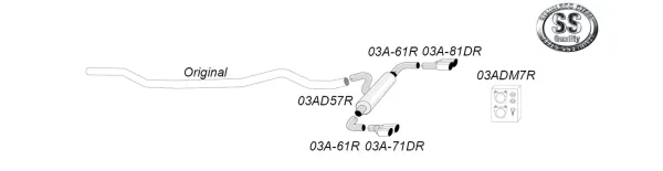 Dessin au trait détaillé d'un système d'échappement sport duplex en acier inoxydable Simons. On y voit des tubes, un silencieux et des embouts. Système avec numéros d'article, matériel de montage inclus. Logo Simons en haut à droite.