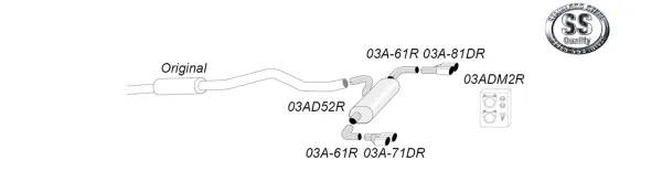 Schéma du système d'échappement sport en acier inoxydable duplex Simons. Le croquis montre les tuyaux avec deux embouts de 80 mm et le matériel de fixation. Disposition des pièces pour BMW F30.