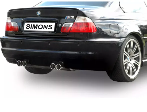 Vue arrière d'une BMW E46 M3 Coupé/Cabrio noire avec échappement sport inox Simons. Les sorties duplex (2x80 mm) sont visibles au centre sous le pare-chocs. La plaque d'immatriculation indique "SIMONS".