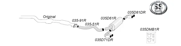 L'image montre une représentation schématique du système d'échappement sport en acier inoxydable Simons Duplex 2x90 mm pour BMW E82 1er M Coupé. On y voit tuyaux, silencieux, 2 embouts et matériel de montage numérotés.