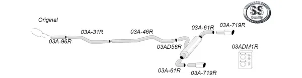 Esquisse d'un système d'échappement sport duplex de Simons pour BMW F30, 316D, 318D, 320D, composé de tuyaux, d'un silencieux et de deux embouts. Le système est fabriqué en acier inoxydable. Le matériel de fixation est également représenté.