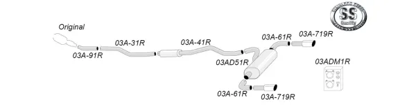 Vue détaillée d'un système d'échappement sport duplex Simons en acier inoxydable pour BMW F30. Vue éclatée des tubes, amortisseurs, embouts et matériel de montage avec numéros d'article. Logo « Stainless Steel Quality ».