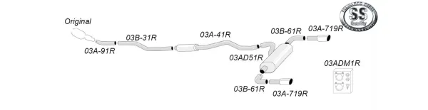 Schéma d'un système d'échappement sport Duplex 90mm Simons pour la BMW F34 GT 320i. Tubes en acier inoxydable et silencieux numérotés. En haut à droite, logo "Stainless Steel Quality". Pièces de fixation séparées dans la boîte.