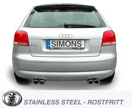 Vue arrière d'une Audi A3 (8P) argentée avec échappement sport Simons. Le système duplex avec deux sorties (2x80mm) à gauche et à droite est visible. Plaque "SIMONS". Logo "Stainless Steel" au premier plan.