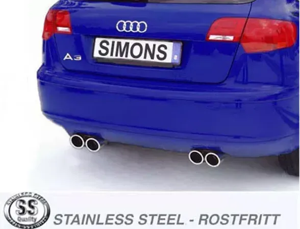 Arrière d'une Audi A3 Sportback bleue avec pot d'échappement sport Simons en inox. Sorties duplex (2x80mm) visibles à gauche et à droite. Plaque "SIMONS". Logo et texte "STAINLESS STEEL - ROSTFREI".