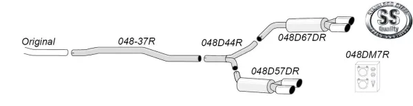 Schéma d'un échappement sport duplex inox Simons. Adapté aux Audi A4 (B8), composé de plusieurs tubes et de deux silencieux avec deux embouts chacun. Les pièces de montage sont représentées séparément.
