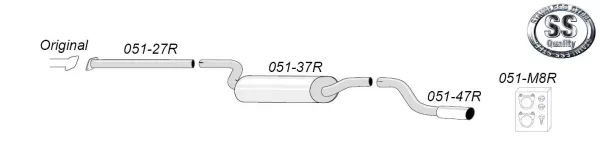 Dessin technique d'un système d'échappement sport Simons avec silencieux final, tuyau de raccordement et matériel de montage pour Ford Focus RS MK1. Les composants sont numérotés. Un logo Simons est également représenté.