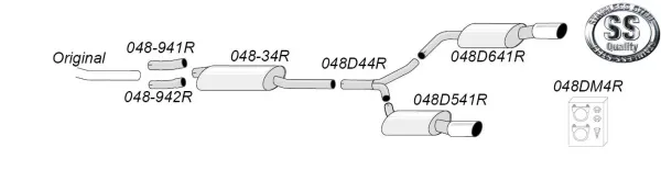 Schéma d'un système d'échappement sport en acier inoxydable Simons Duplex L+R 1x100 mm pour Audi A4 (B8). Le graphique montre les composants : sorties, raccords et matériel de montage, avec références et logo.