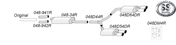 Schéma du système d'échappement sport Duplex L+R Simons. Composants numérotés. De gauche à droite : tuyau d'origine, raccords, silencieux central, pièce en Y, silencieux final, matériel de montage. Logo "Stainless Steel".